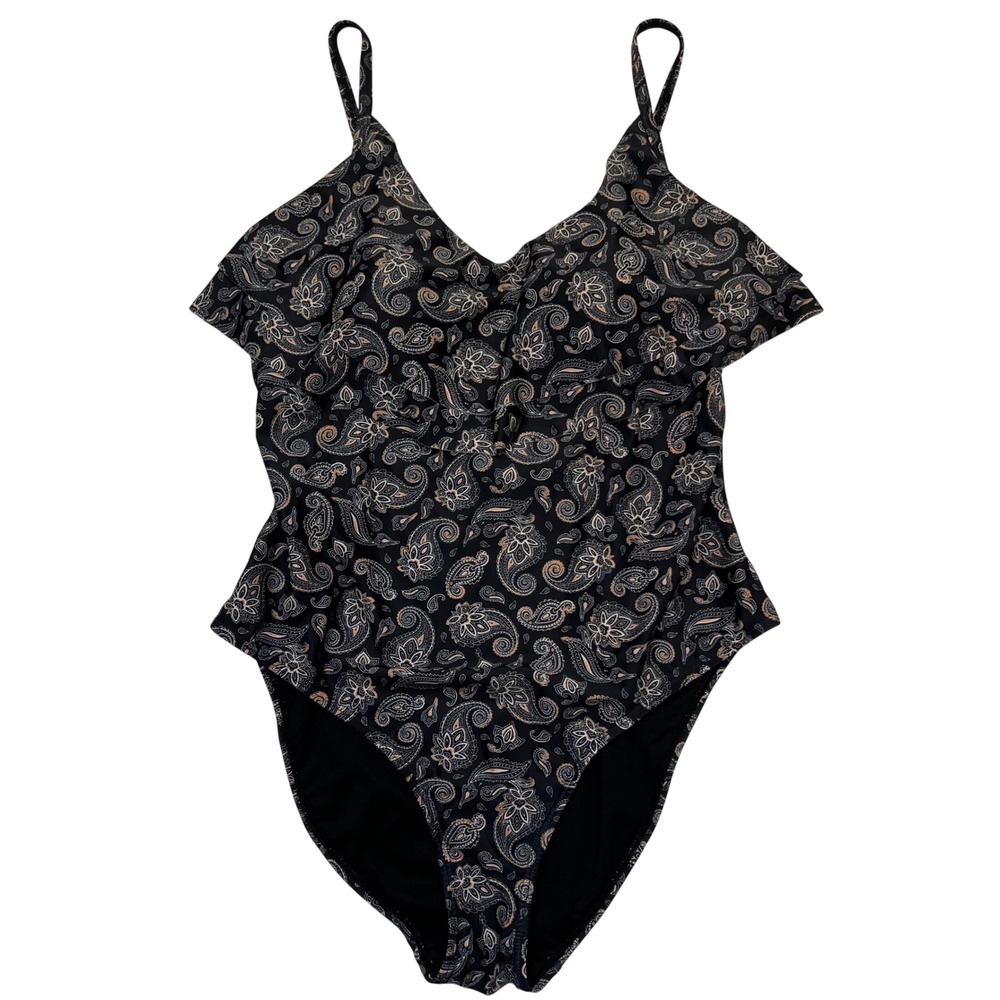 Primark‎ Dark Navy, Peach, White Paisley Ruffle Top One Piece Swimsuit Size 12